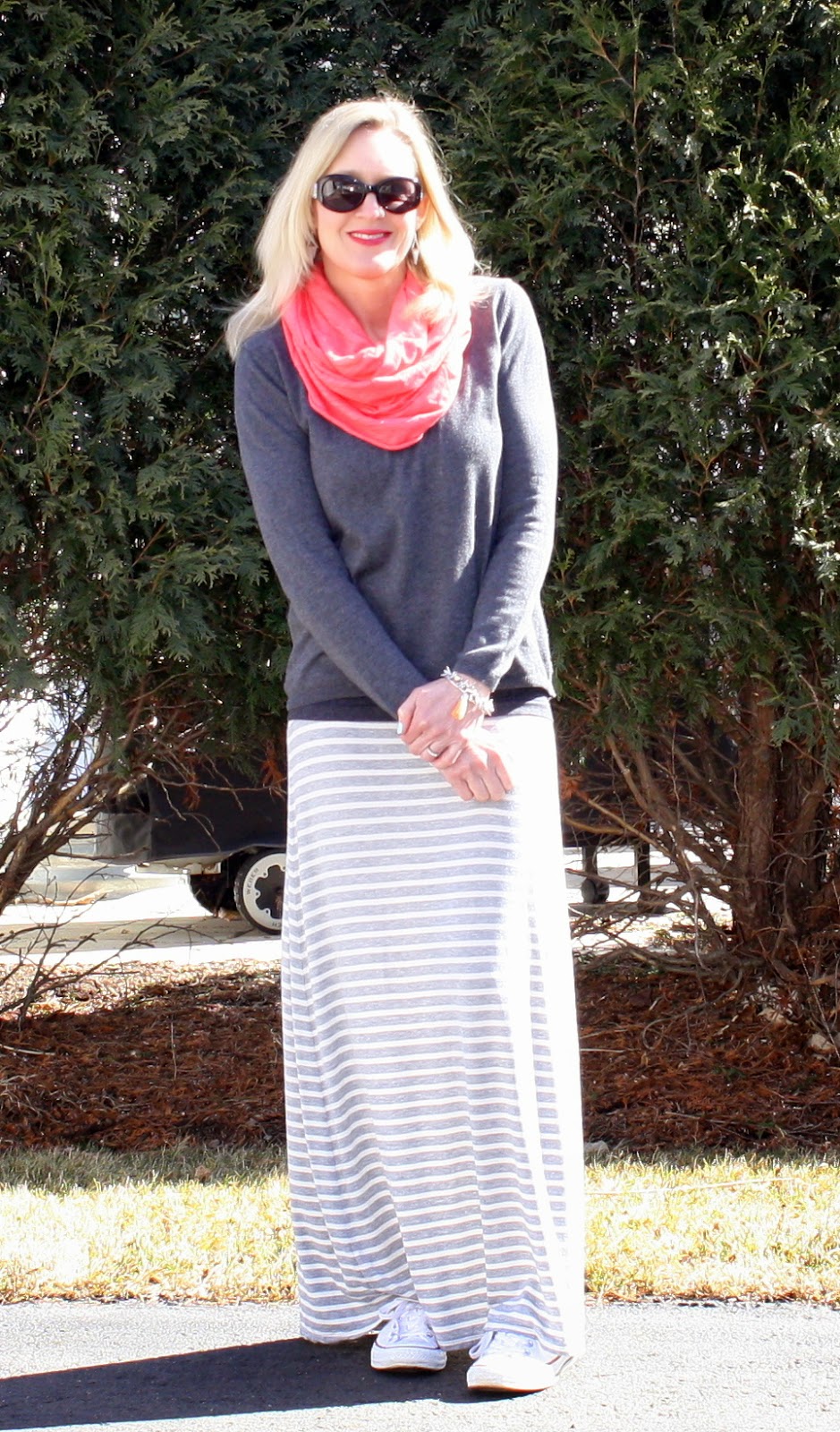 Striped Maxi Skirt Outfit for Early Spring