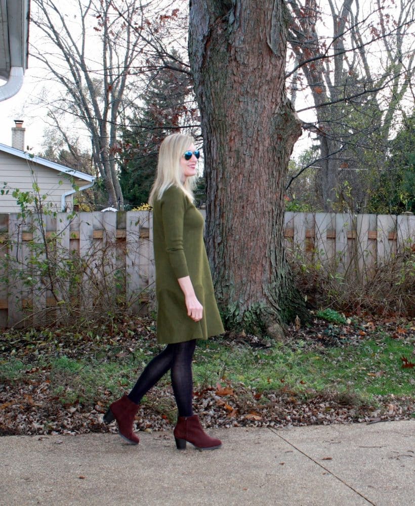 Olive Dress and Burgundy Booties