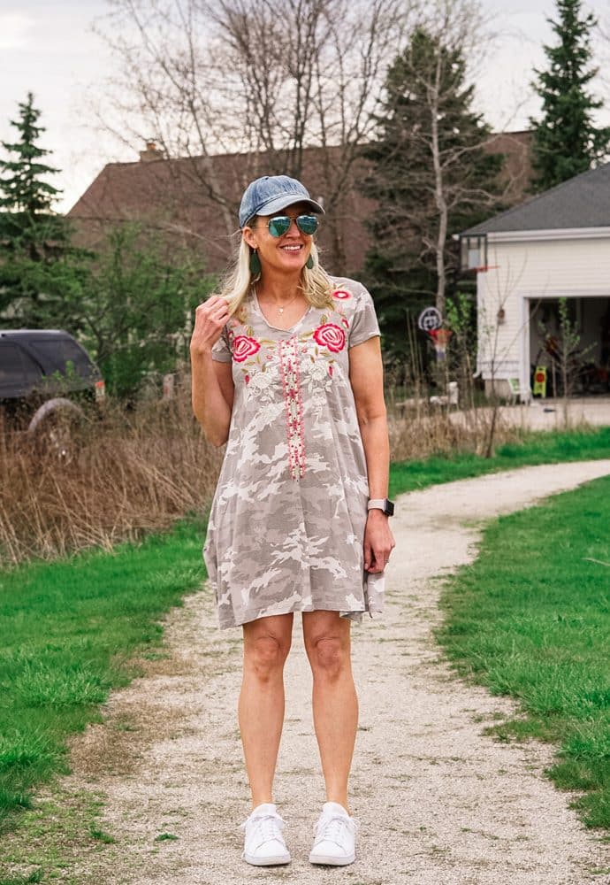 Embroidered Camo Print Tee Shirt Dress