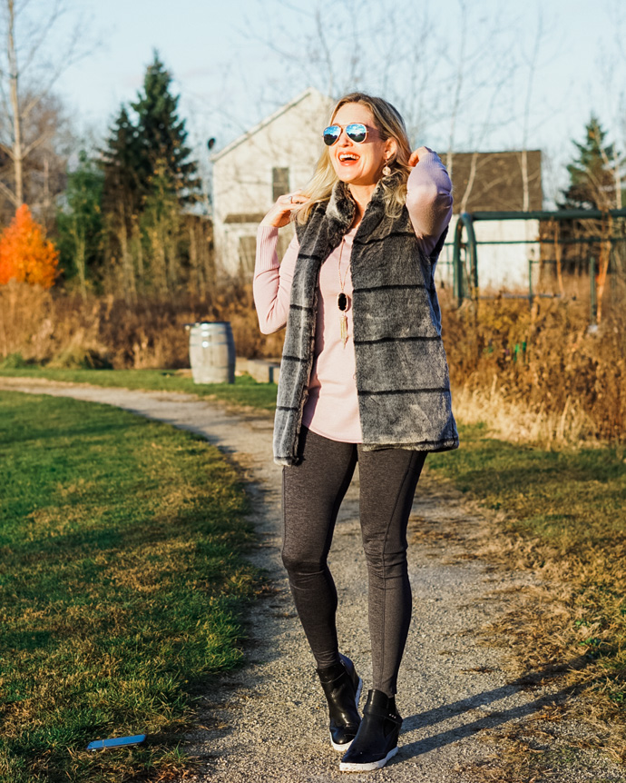 Faux Fur Vest Athleisure Outfit Idea - Doused in Pink