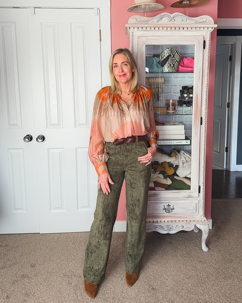 what to wear with olive green suede pants over 50