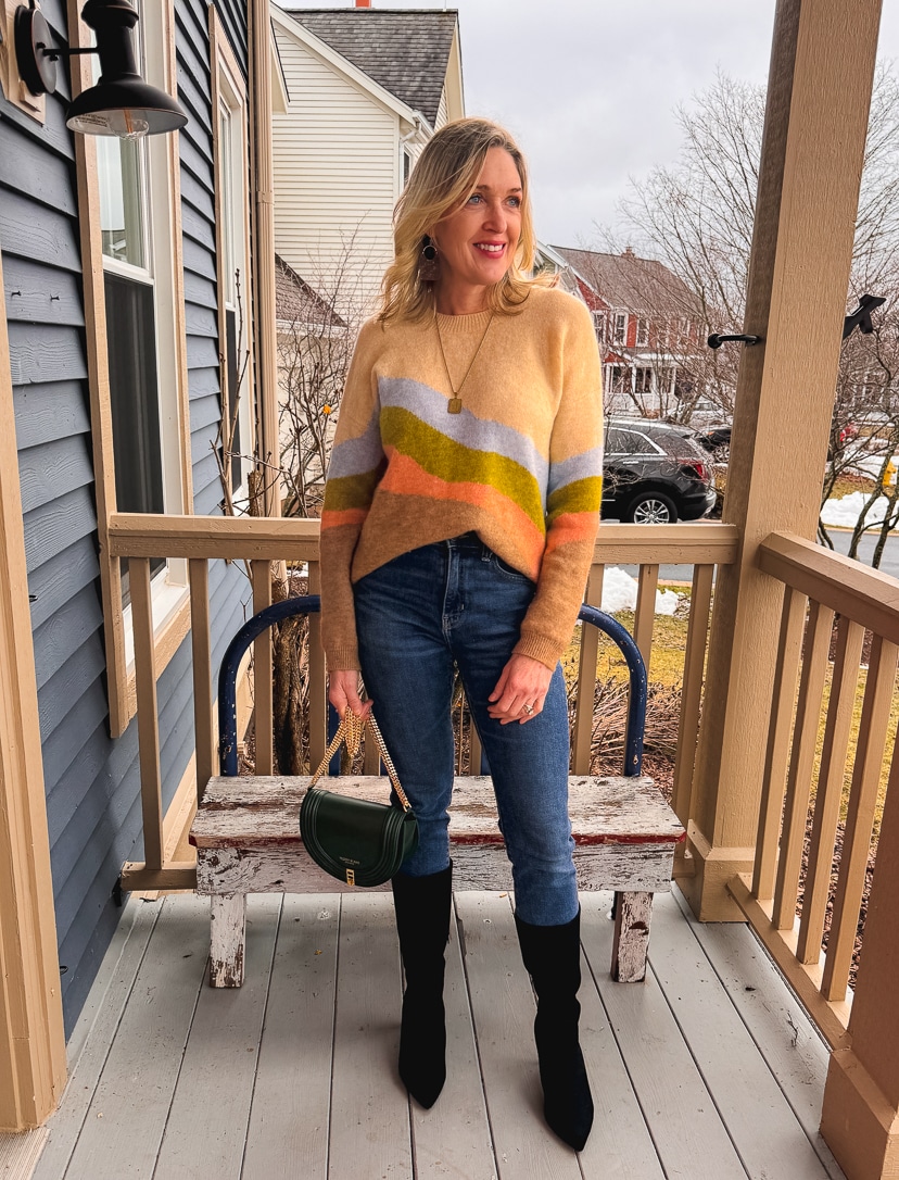 Sweater, straight jeans and tall boots outfit idea