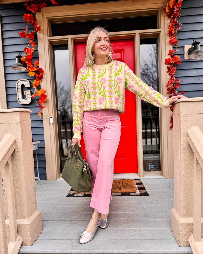 pink and green holiday party outfit