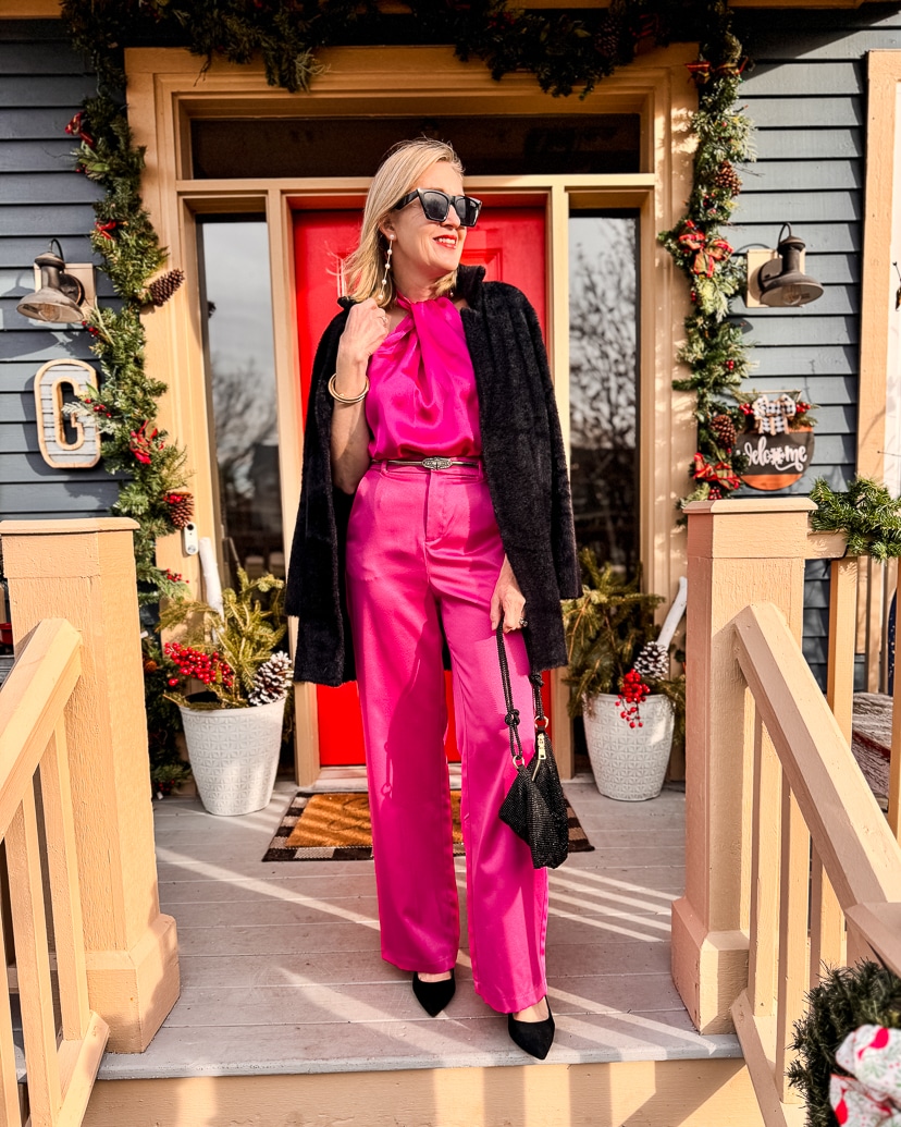 pink monochrome holiday party outfit